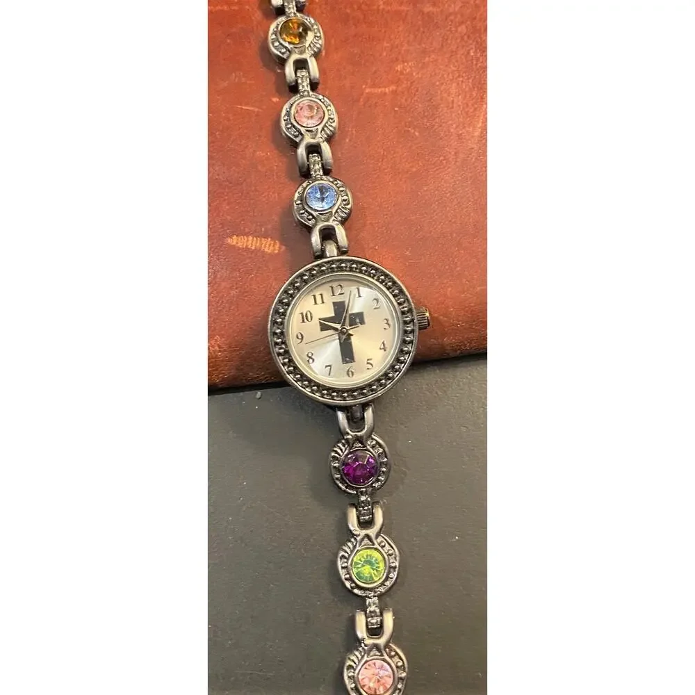 Women's Sliver Tone 22mm Watch, Cross on the Face, Crystal Accents